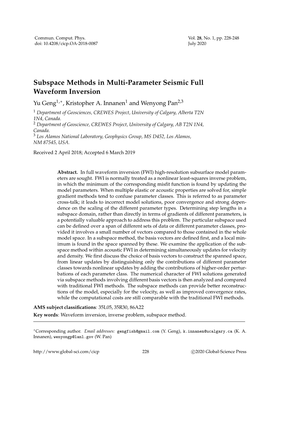 Subspace Methods in Multi-Parameter Seismic Full Waveform Inversion Yu Geng1,∗, Kristopher A