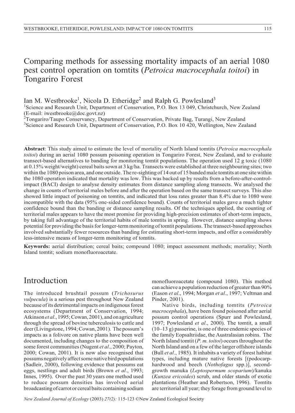 Comparing Methods for Assessing Mortality Impacts of an Aerial 1080 Pest Control Operation on Tomtits (Petroica Macrocephala Toitoi) in Tongariro Forest