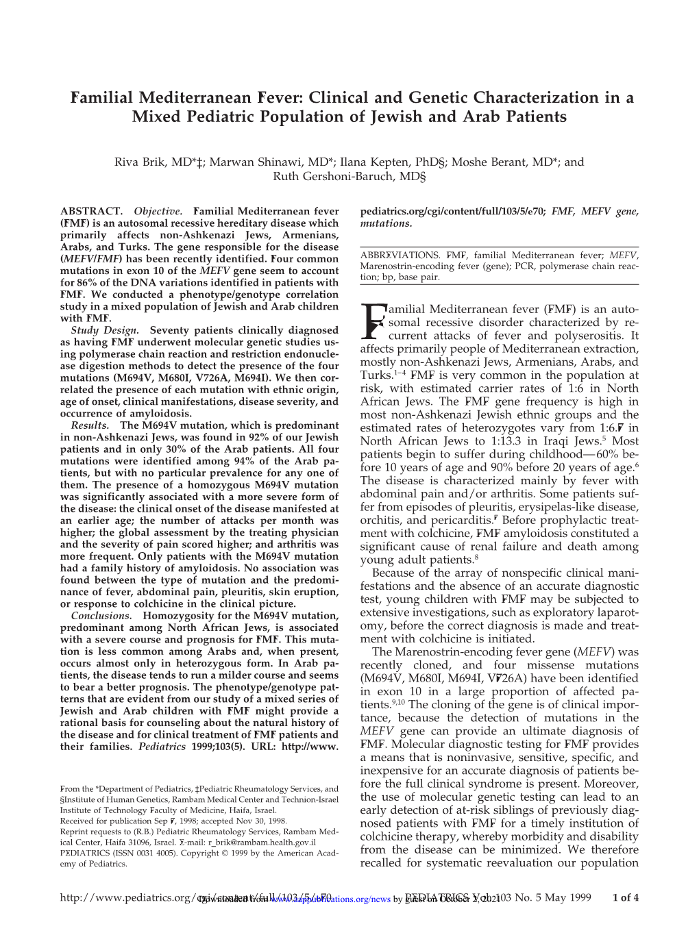 Familial Mediterranean Fever: Clinical and Genetic Characterization in a Mixed Pediatric Population of Jewish and Arab Patients