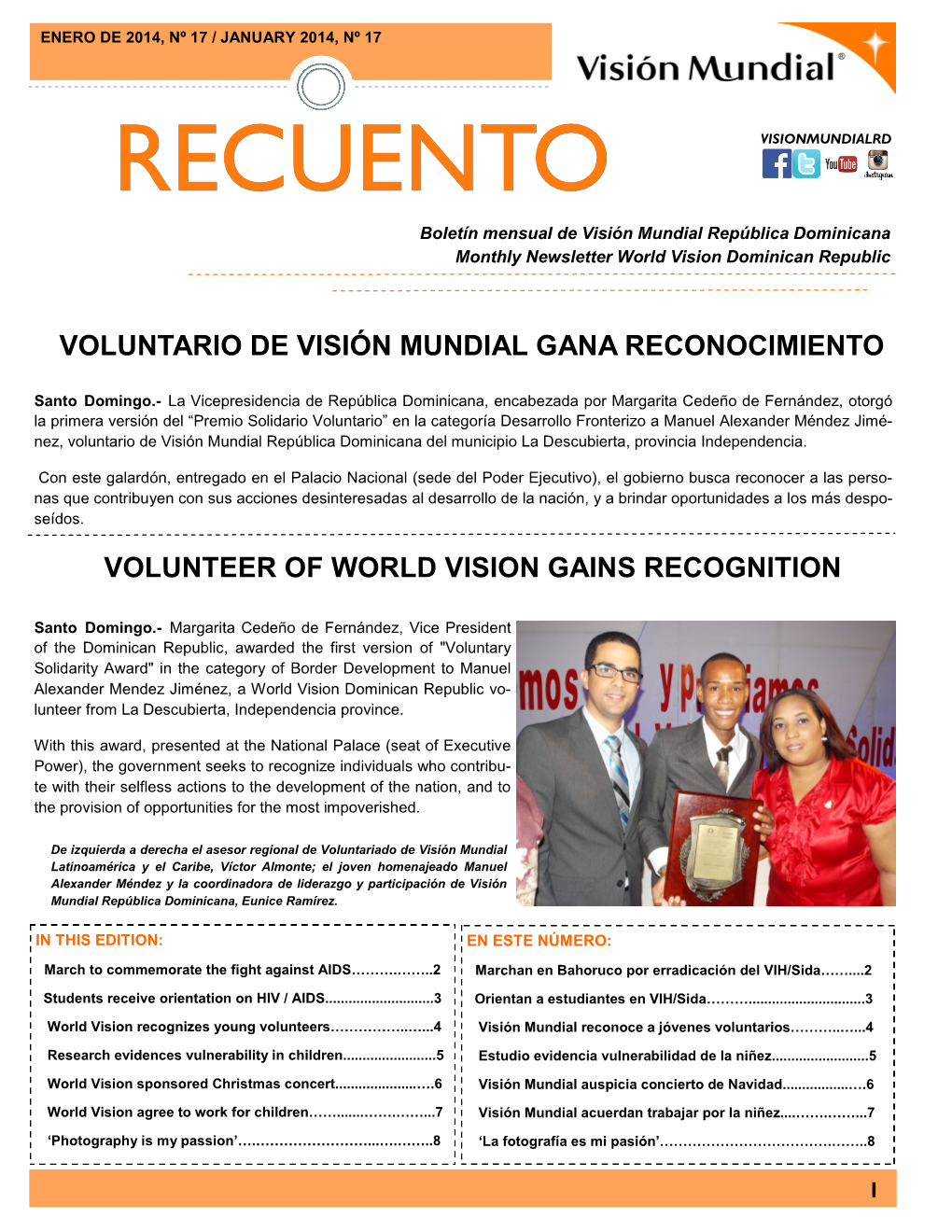 RECUENTO VISIONMUNDIALRD Boletín Mensual De Visión Mundial República Dominicana Monthly Newsletter World Vision Dominican Republic