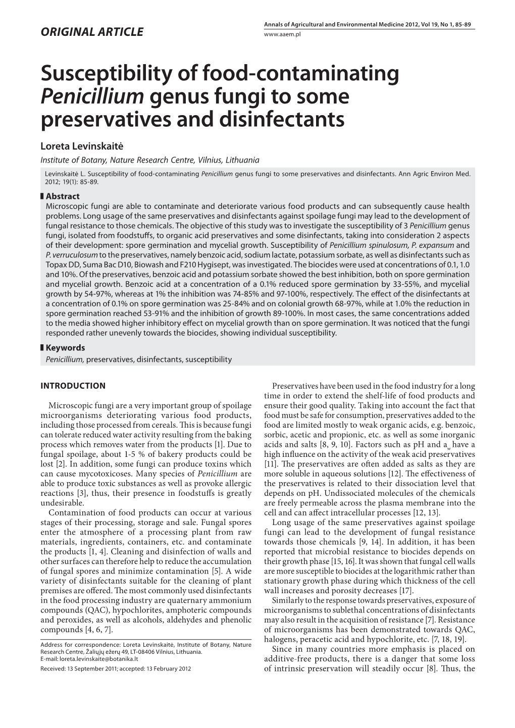 Susceptibility of Food-Contaminating Penicillium Genus Fungi to Some