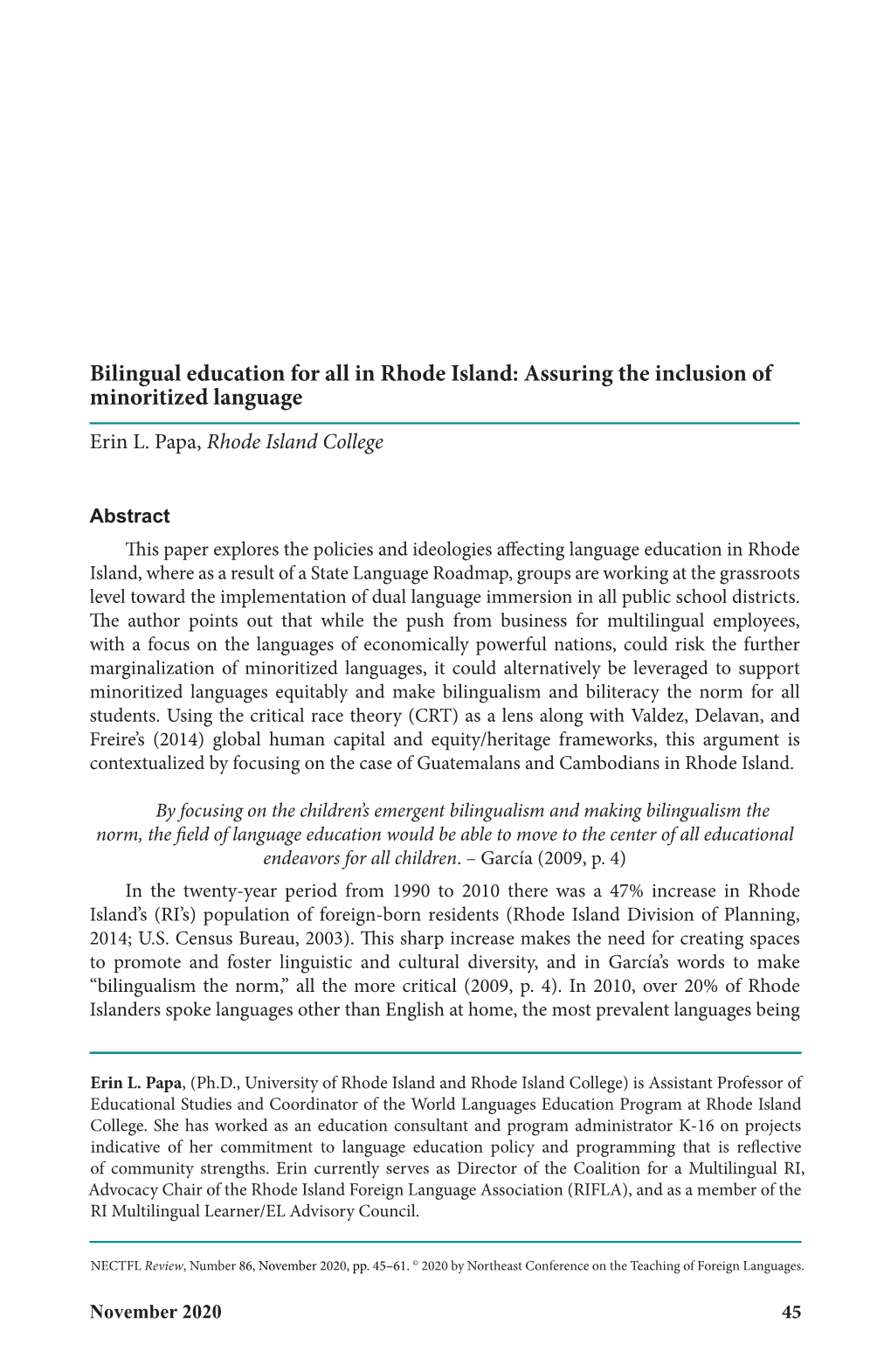 Bilingual Education for All in Rhode Island: Assuring the Inclusion of Minoritized Language Erin L