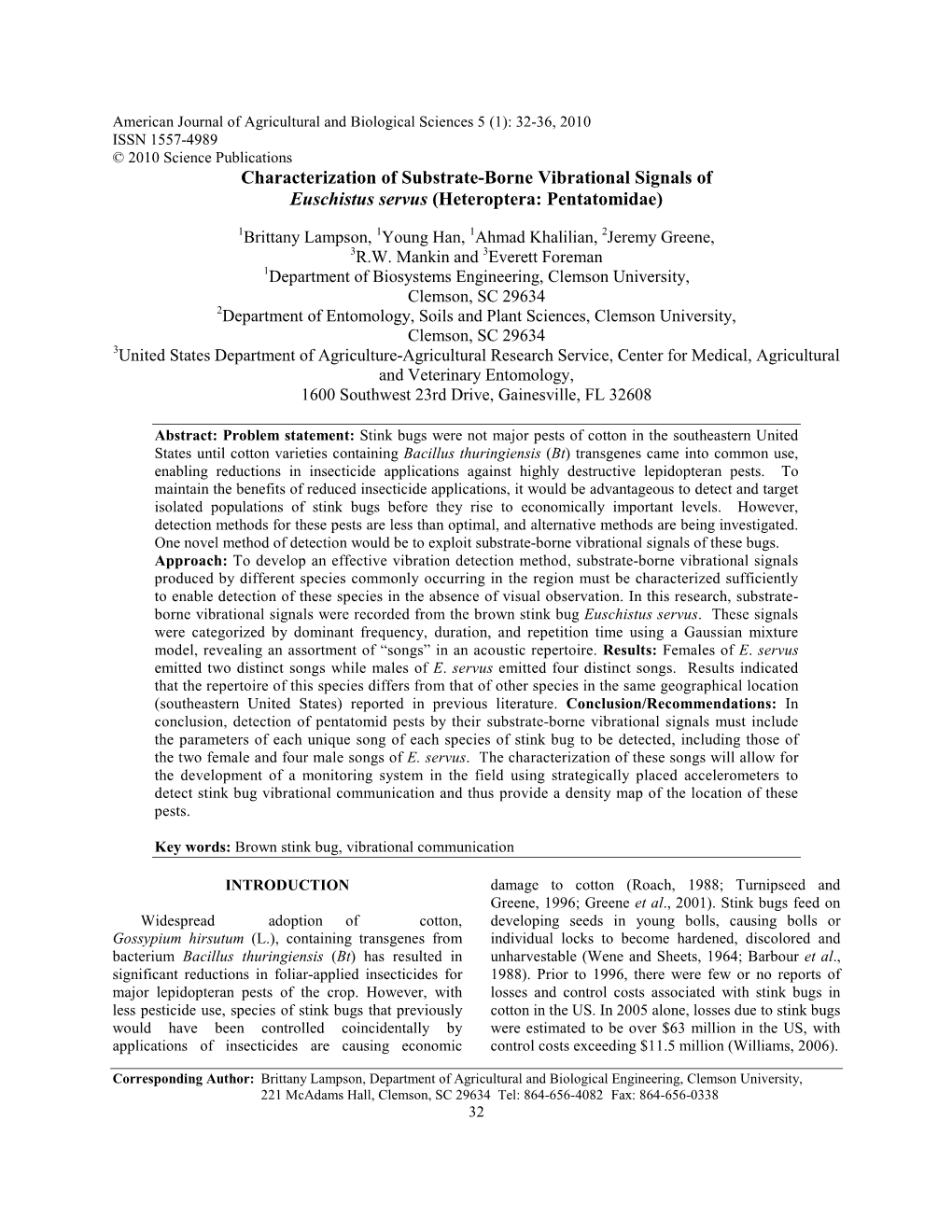 Characterization of Substrate-Borne Vibrational Signals of Euschistus Servus (Heteroptera: Pentatomidae)