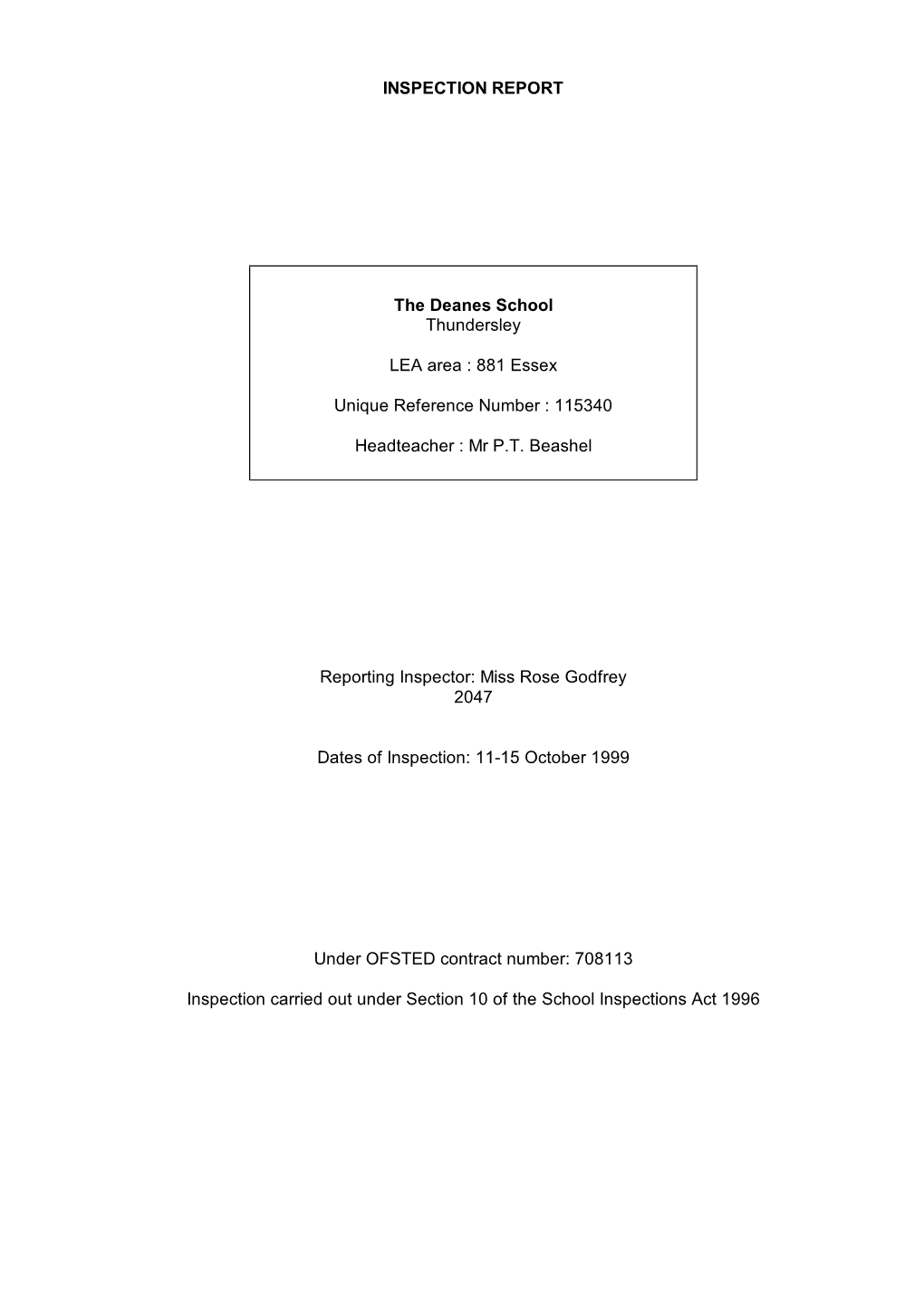 INSPECTION REPORT the Deanes School Thundersley LEA Area : 881