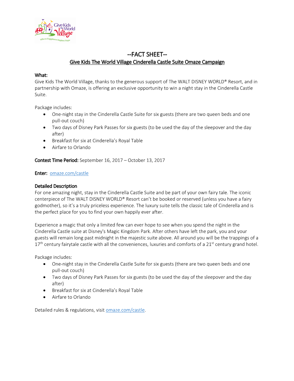 FACT SHEET-- Give Kids the World Village Cinderella Castle Suite Omaze Campaign