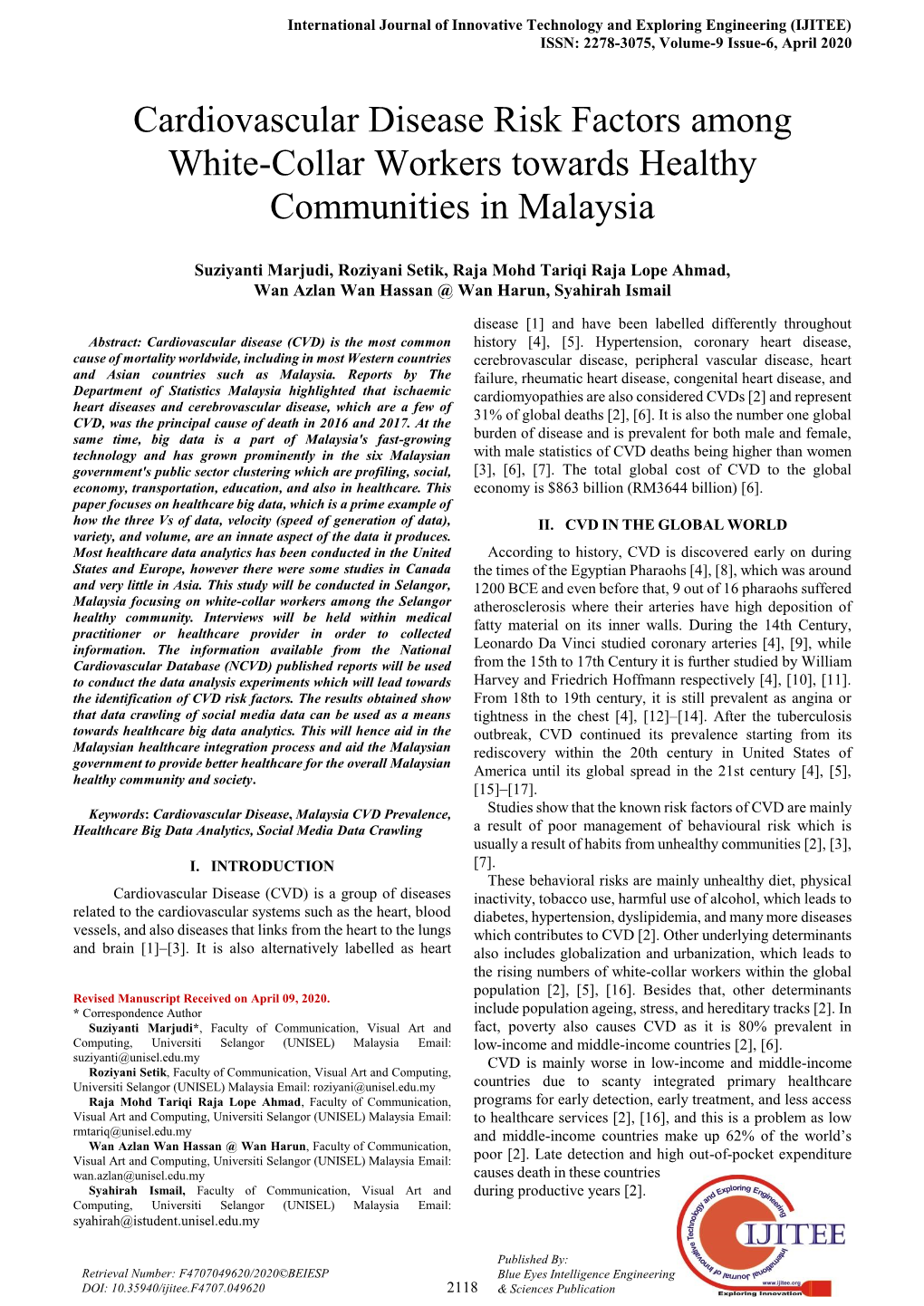 Cardiovascular Disease Risk Factors Among White-Collar Workers Towards Healthy Communities in Malaysia