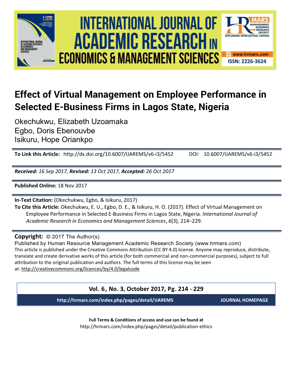 Effect of Virtual Management on Employee Performance in Selected E-Business Firms in Lagos State, Nigeria