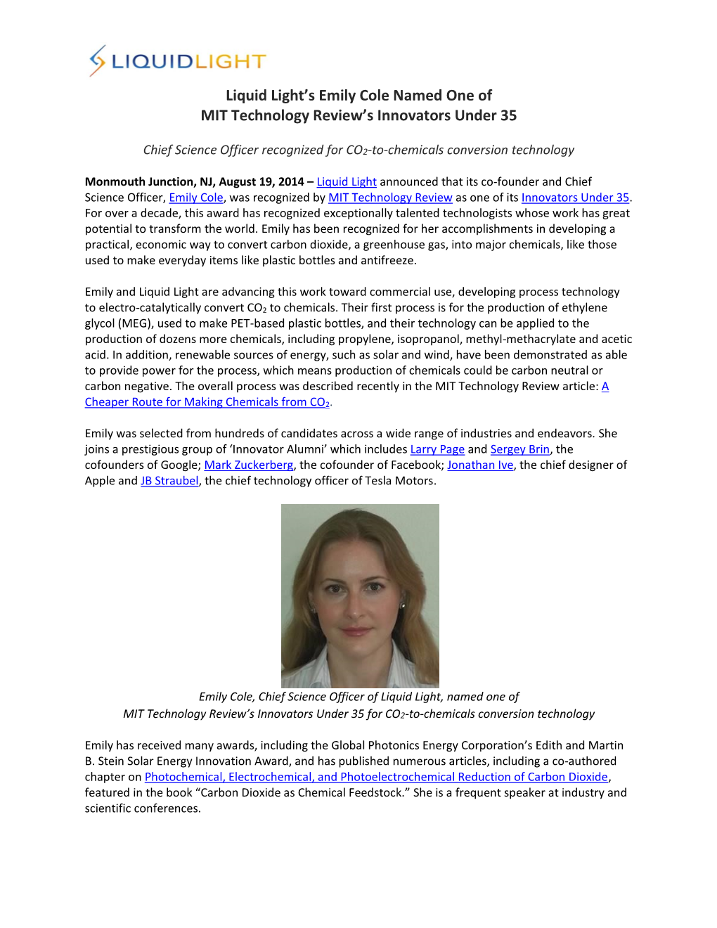 Liquid Light's Emily Cole Named One of MIT Technology Review's