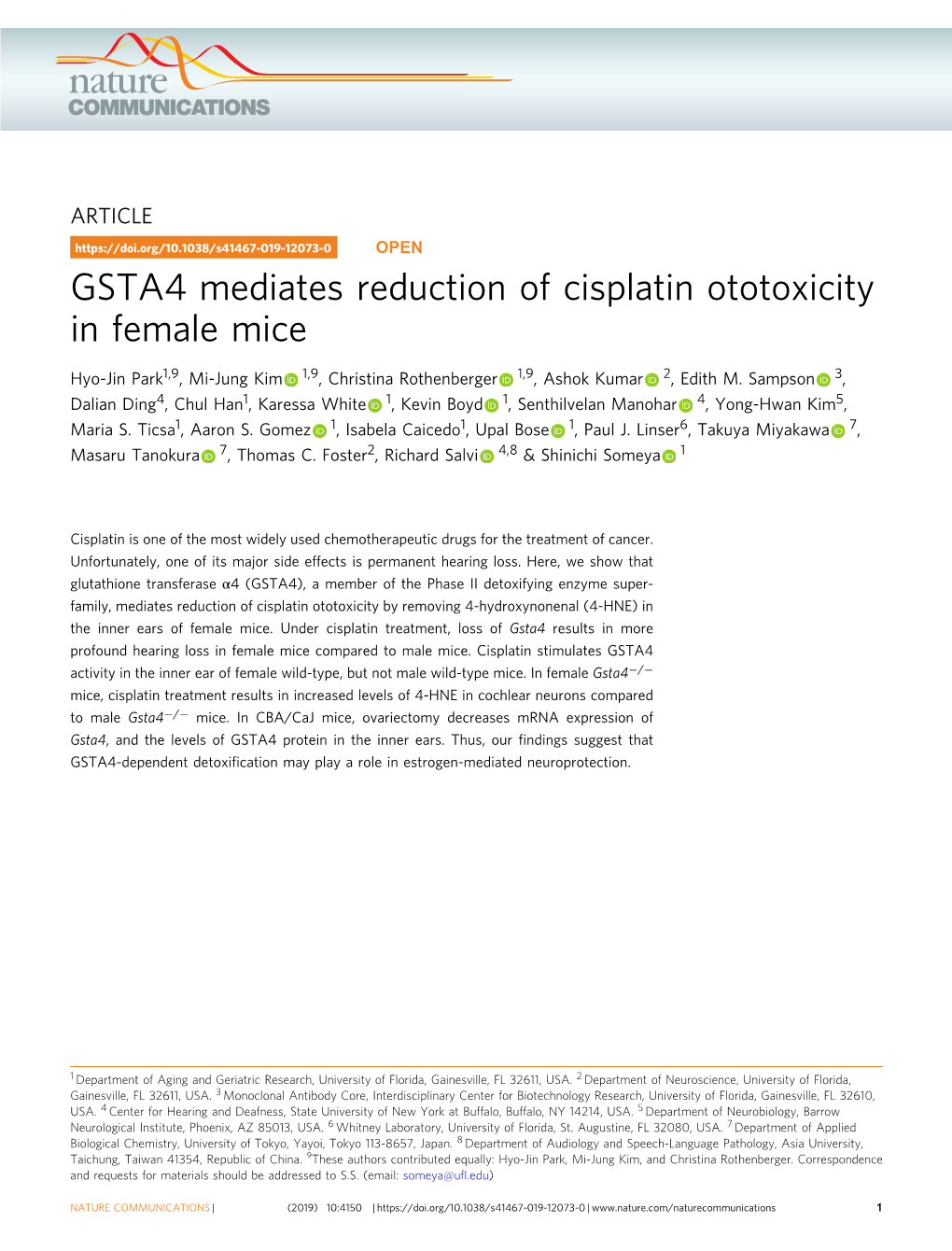 GSTA4 Mediates Reduction of Cisplatin Ototoxicity in Female Mice