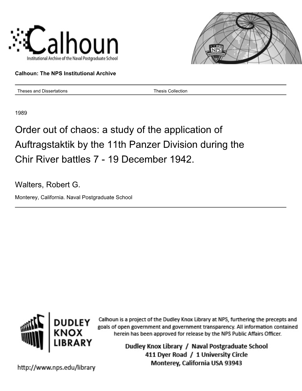 A Study of the Application of Auftragstaktik by the 11Th Panzer Division During the Chir River Battles 7 - 19 December 1942