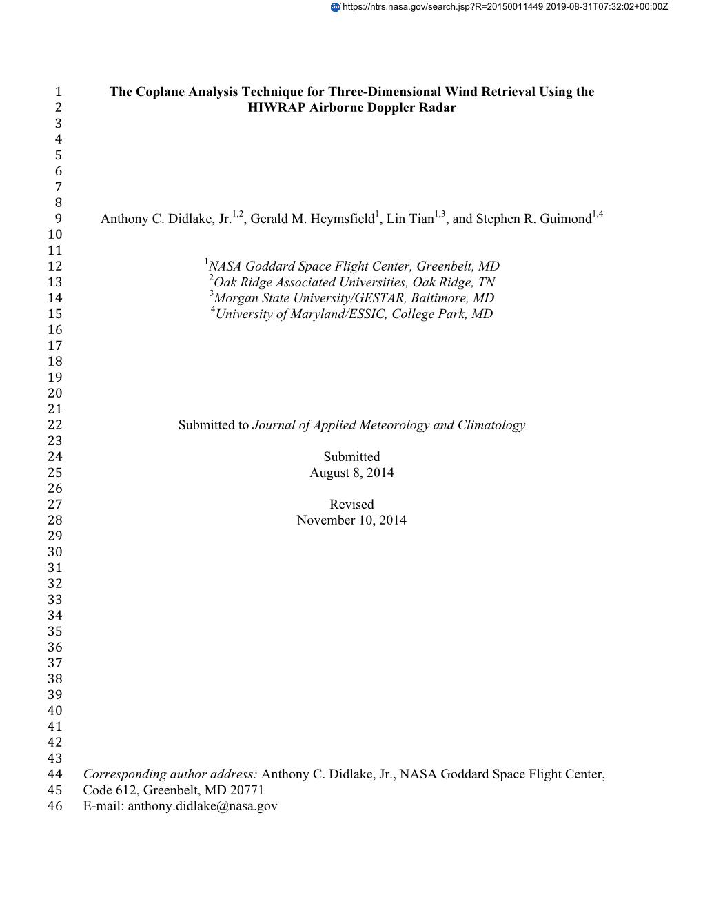 The Coplane Analysis Technique for Three-Dimensional Wind Retrieval Using the 2 HIWRAP Airborne Doppler Radar 3 4 5 6 7 8 9 Anthony C