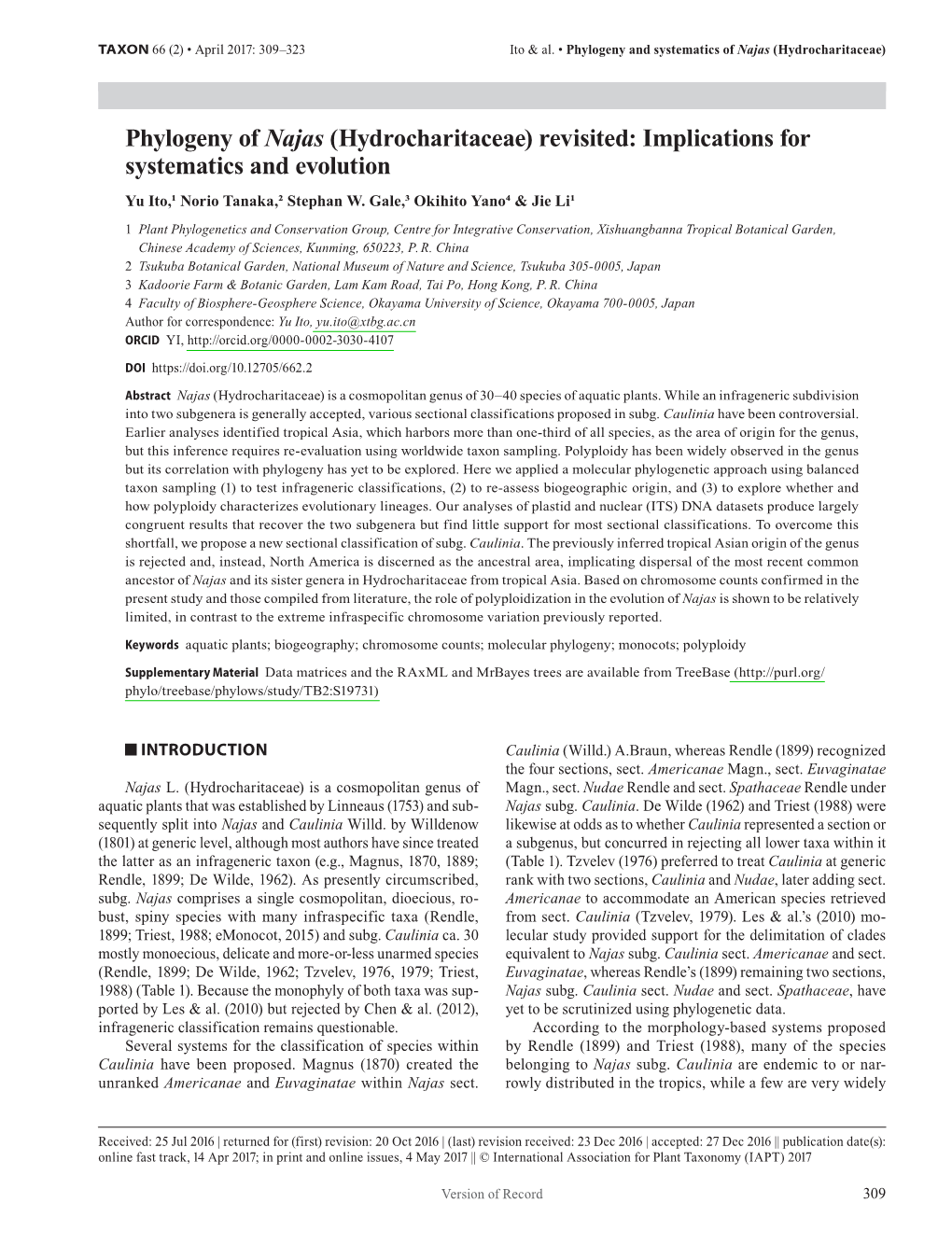 Phylogeny of <I>Najas</I> (Hydrocharitaceae) Revisited: Implications for Systematics and Evolution