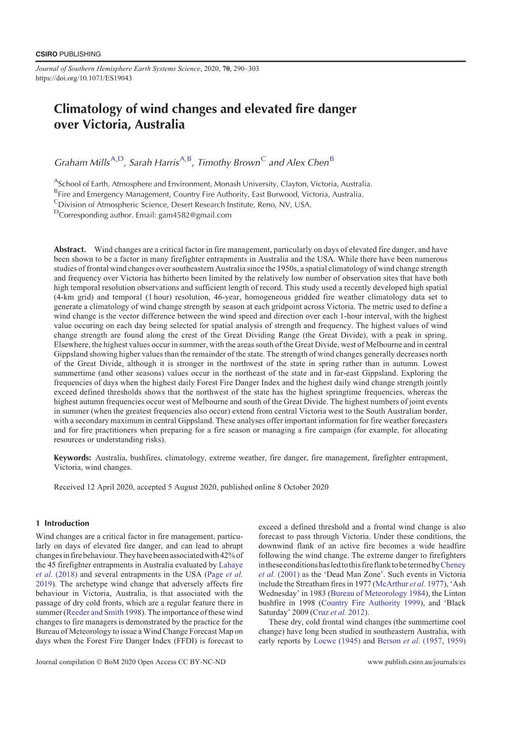 Climatology of Wind Changes and Elevated Fire Danger Over Victoria, Australia