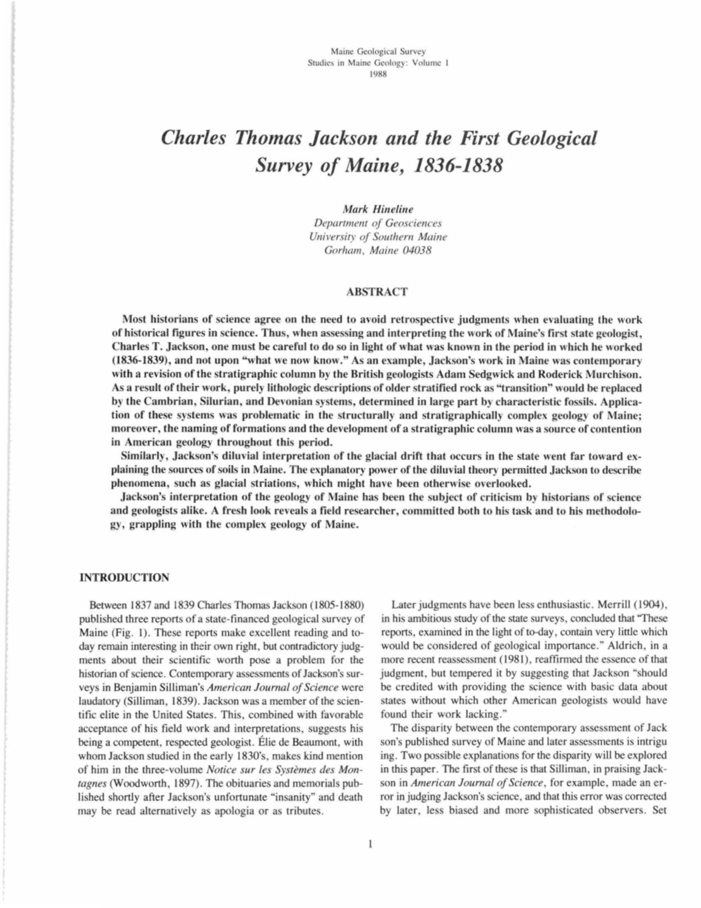 Charles Thomas Jackson and the First Geological Survey of Maine, 1836-1838