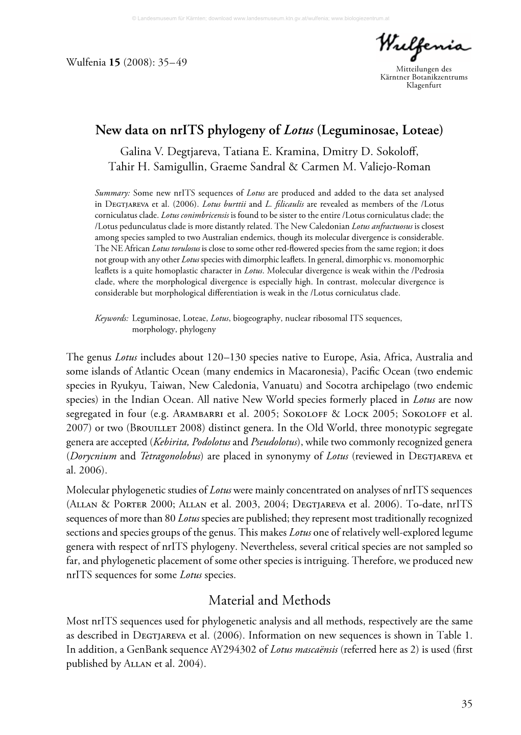 New Data on Nrits Phylogeny of Lotus (Leguminosae, Loteae) Galina V