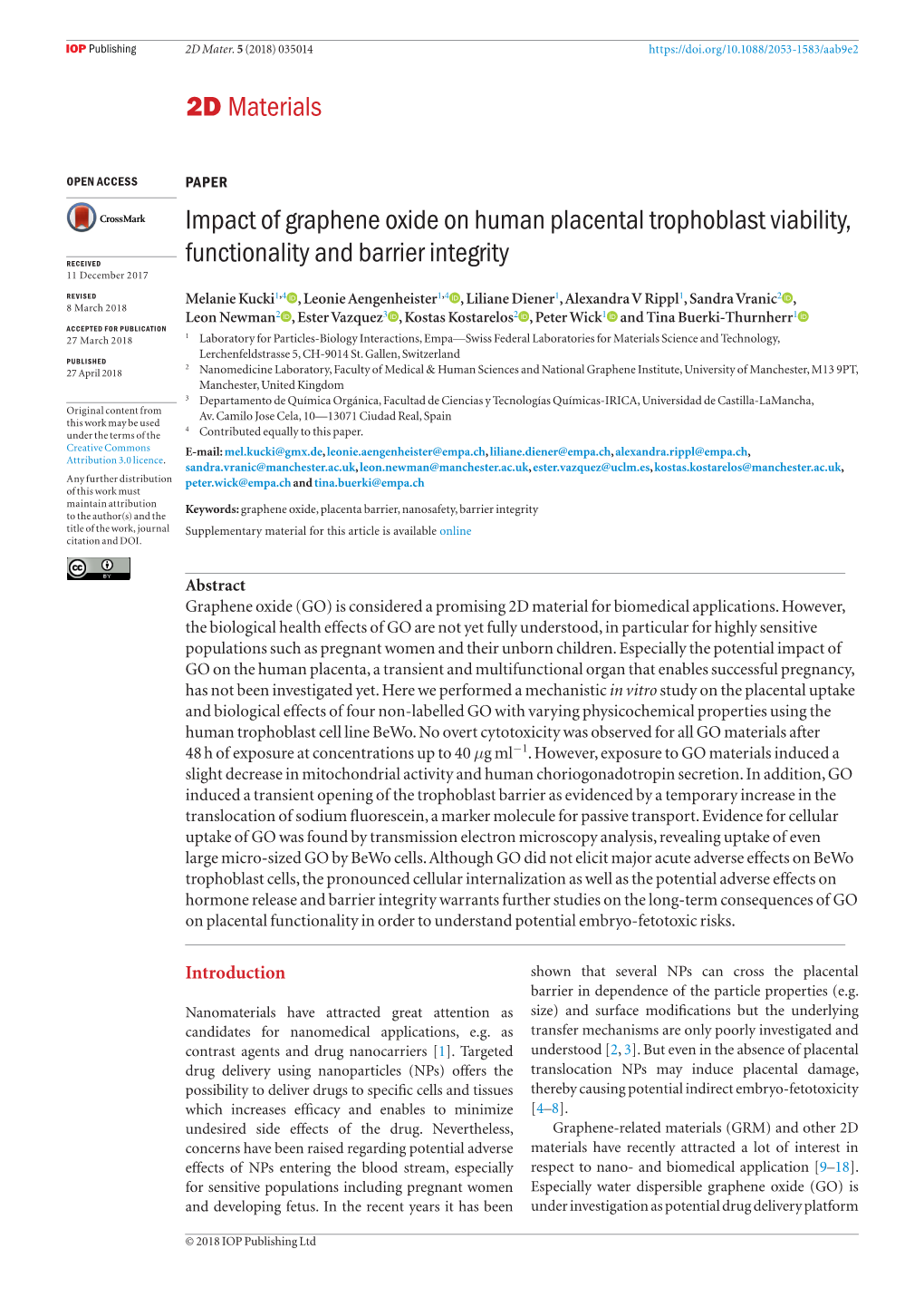 Impact of Graphene Oxide on Human Placental Trophoblast Viability, © 2018 IOP Publishing Ltd RECEIVED Functionality and Barrier Integrity 11 December 2017 2D MATER