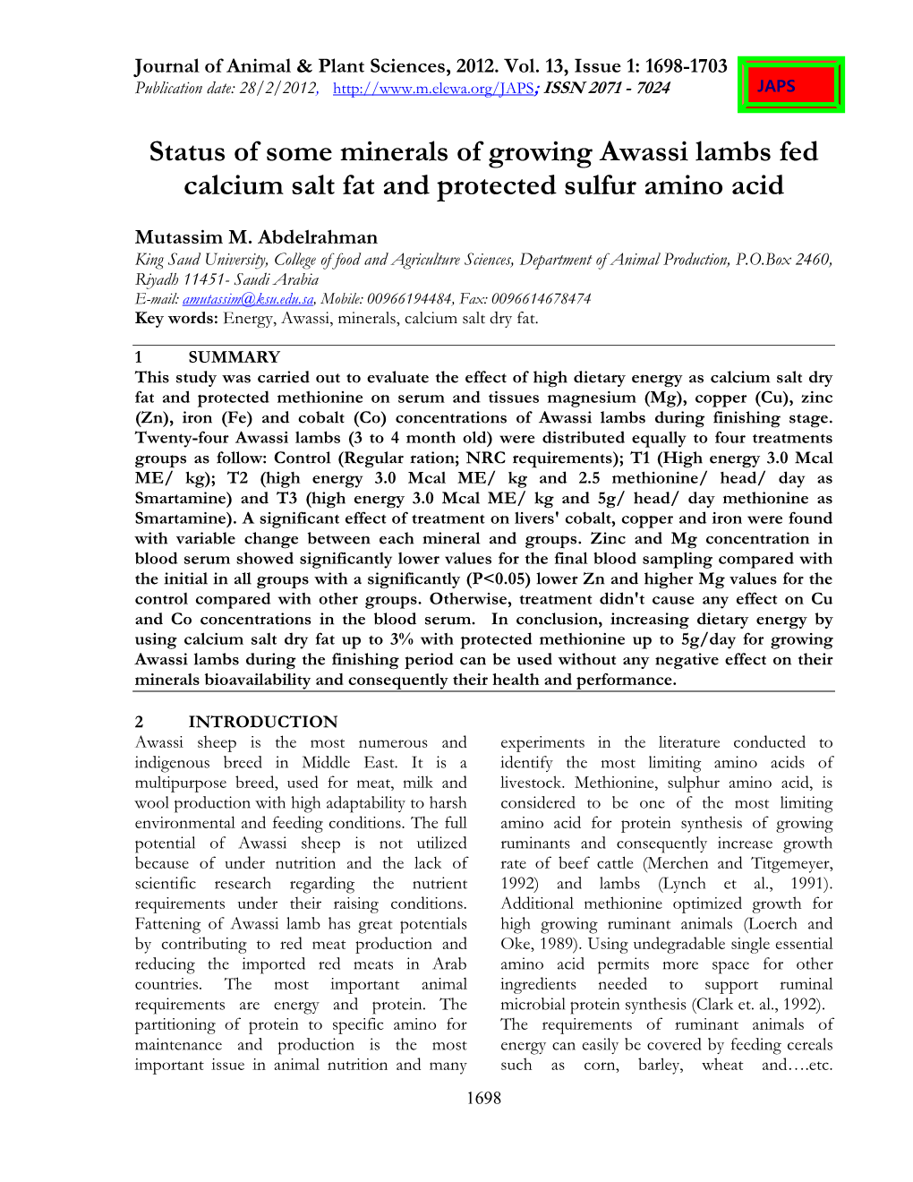 Status of Some Minerals of Growing Awassi Lambs Fed Calcium Salt Fat and Protected Sulfur Amino Acid