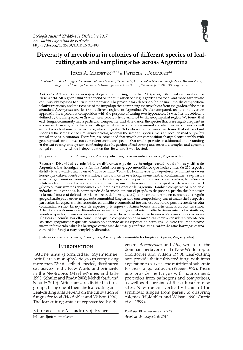 Diversity of Mycobiota in Colonies of Different Species of Leaf- Cu Ing Ants