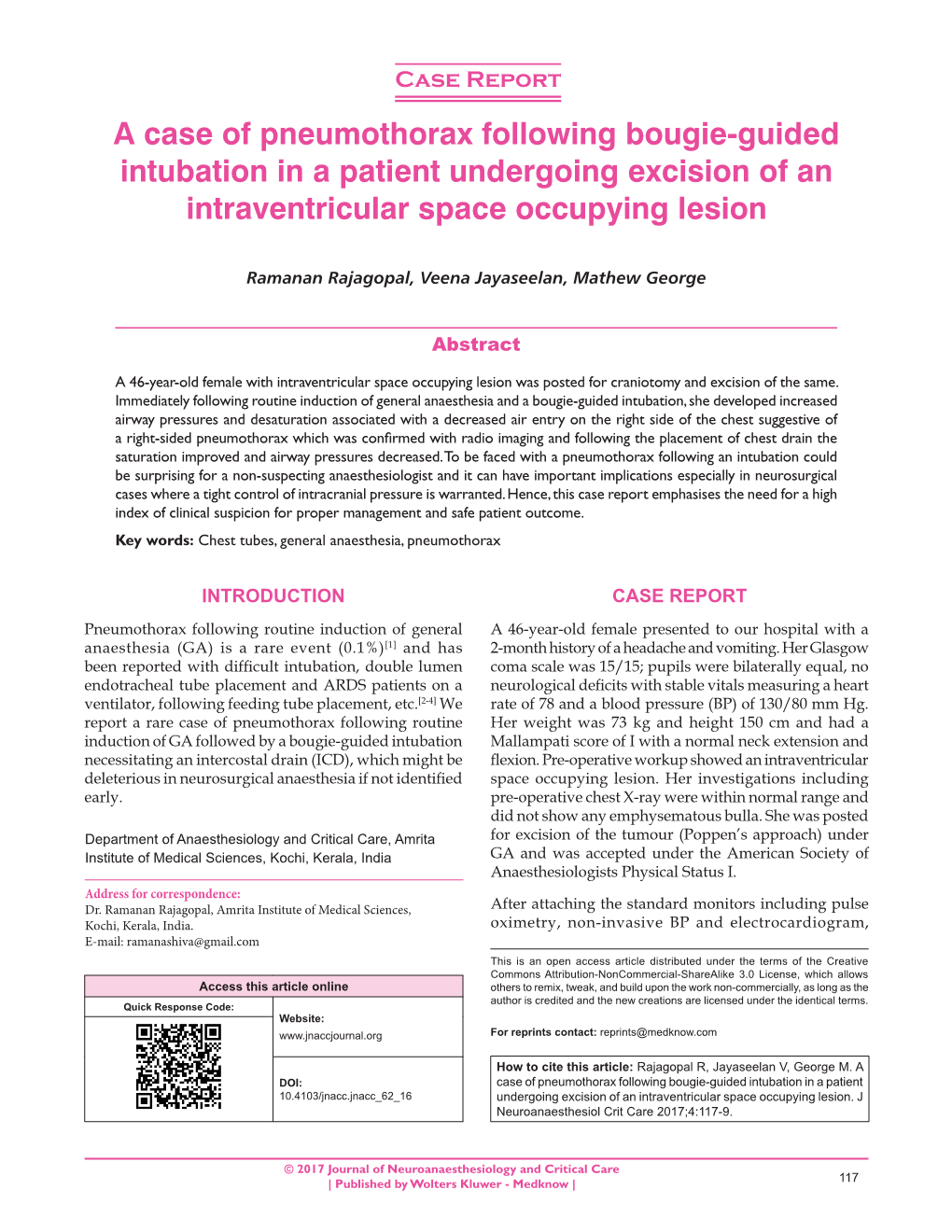 A Case of Pneumothorax Following Bougie‑Guided Intubation in a Patient Undergoing Excision of an Intraventricular Space Occupying Lesion