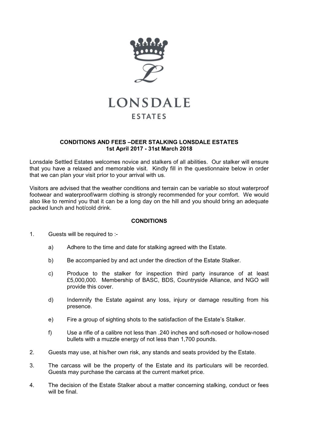 Conditions and Fees for Deer Stalking 2002/2003