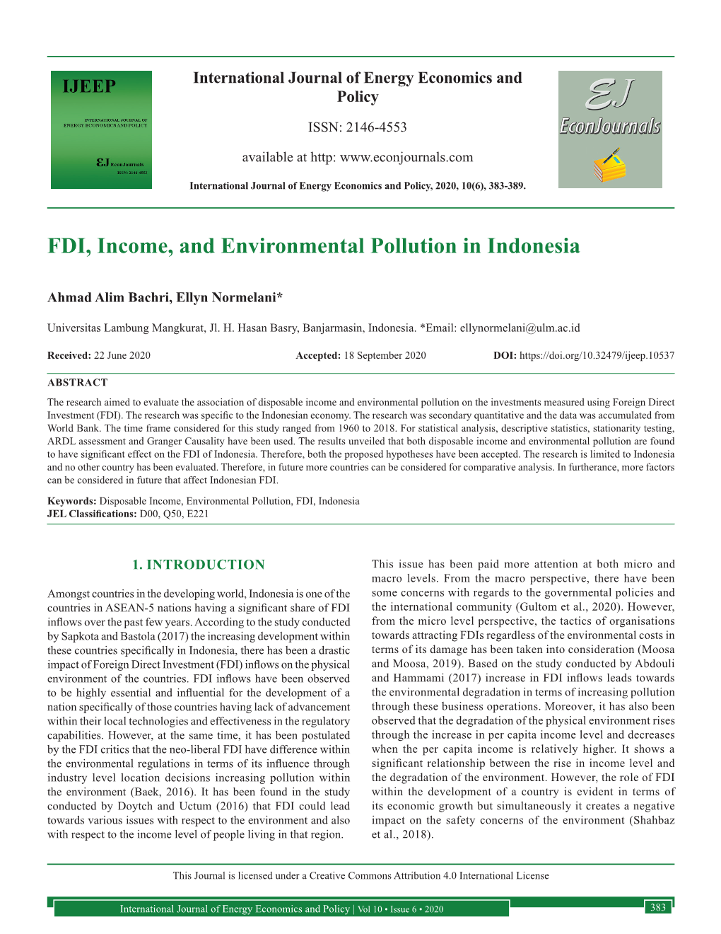 FDI, Income, and Environmental Pollution in Indonesia