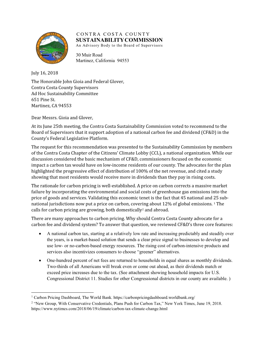 Sustainability Commission Letter Re Carbon Fee and Dividend