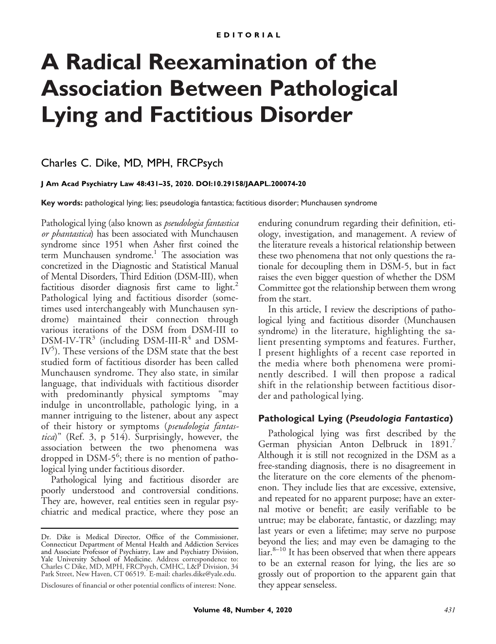 A Radical Reexamination of the Association Between Pathological Lying and Factitious Disorder