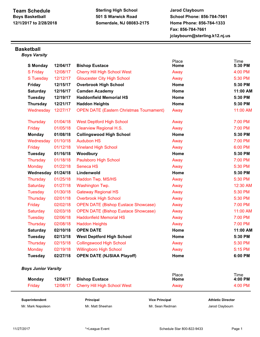 Team Schedule Basketball