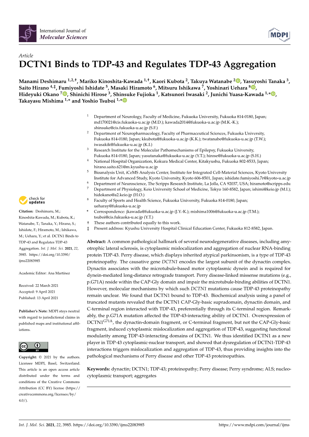 DCTN1 Binds to TDP-43 and Regulates TDP-43 Aggregation