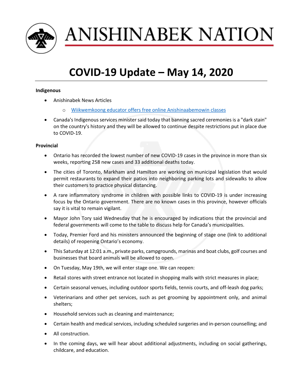 COVID-19 Update – May 14, 2020