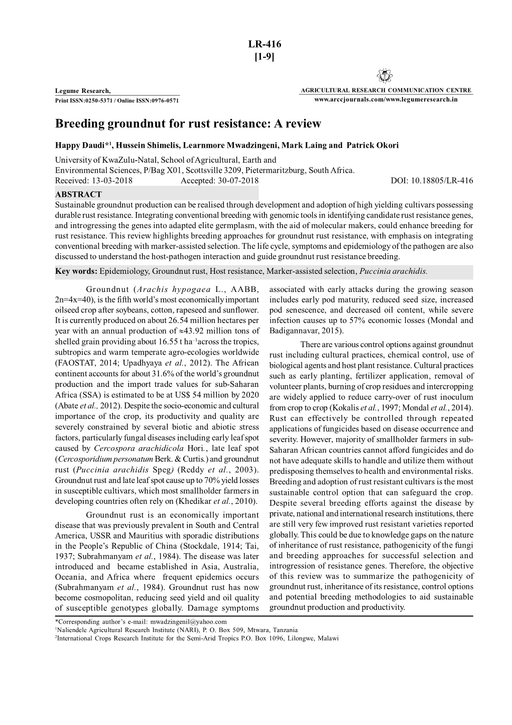 Breeding Groundnut for Rust Resistance: a Review