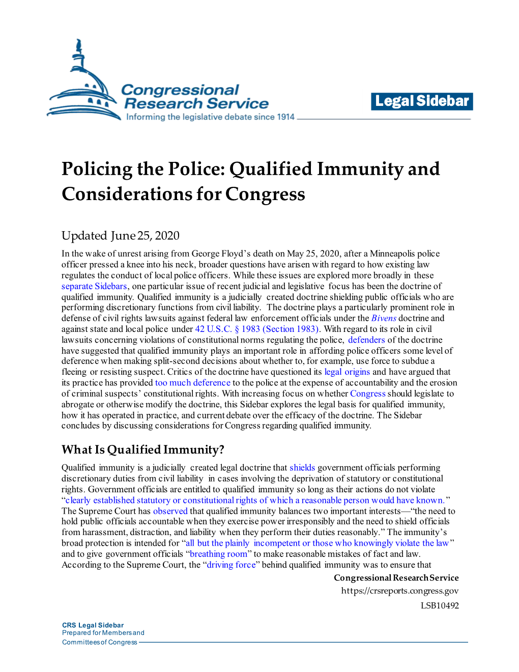 Qualified Immunity and Considerations for Congress