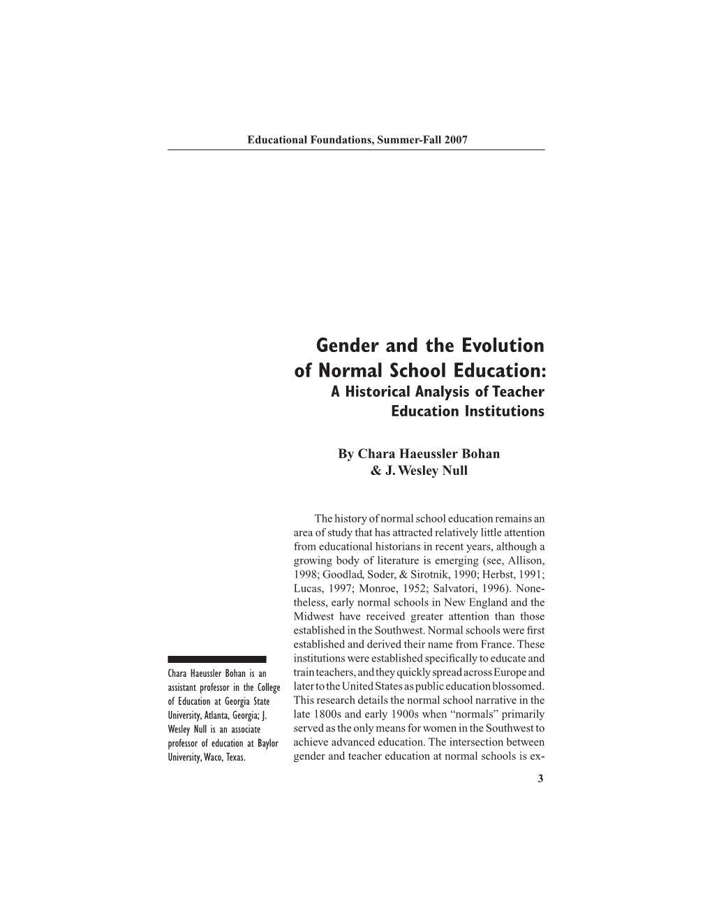 Gender and the Evolution of Normal School Education: a Historical Analysis of Teacher Education Institutions