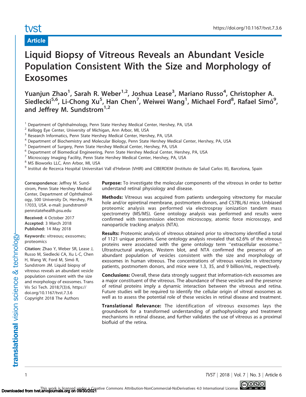 Liquid Biopsy of Vitreous Reveals an Abundant Vesicle Population Consistent with the Size and Morphology of Exosomes