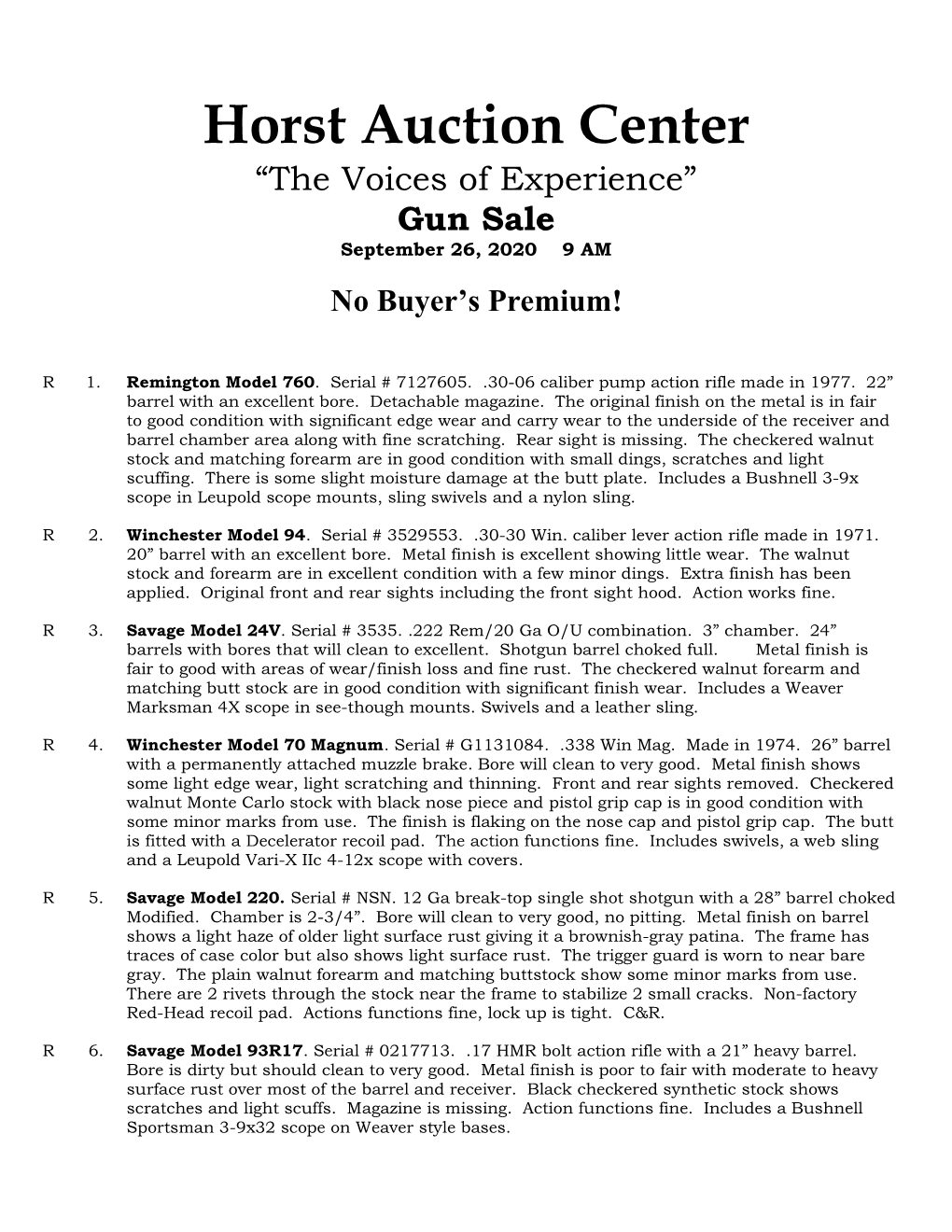 Horst Auction Center “The Voices of Experience” Gun Sale September 26, 2020 9 AM