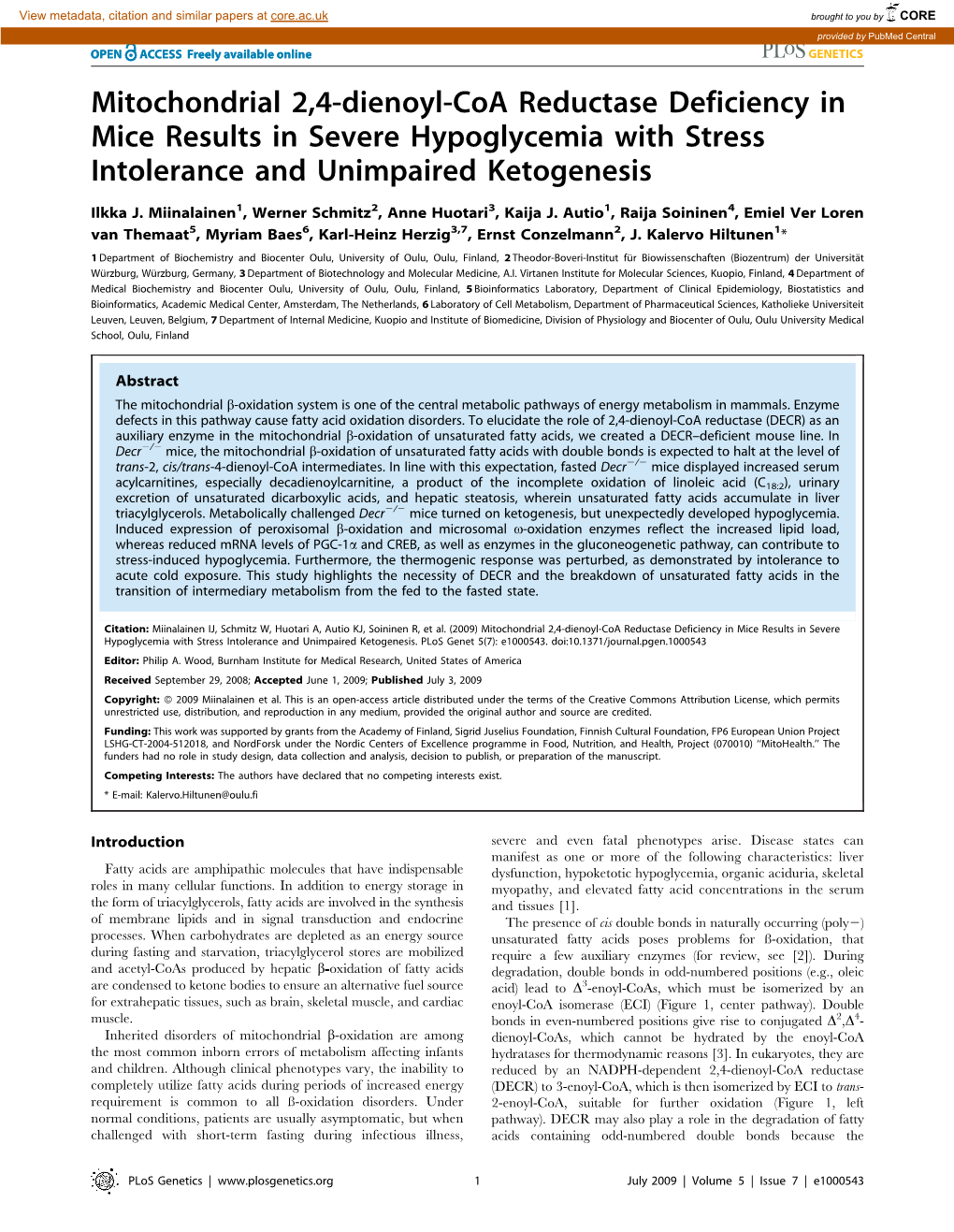 Mitochondrial 2,4-Dienoyl-Coa Reductase Deficiency in Mice Results in Severe Hypoglycemia with Stress Intolerance and Unimpaired Ketogenesis