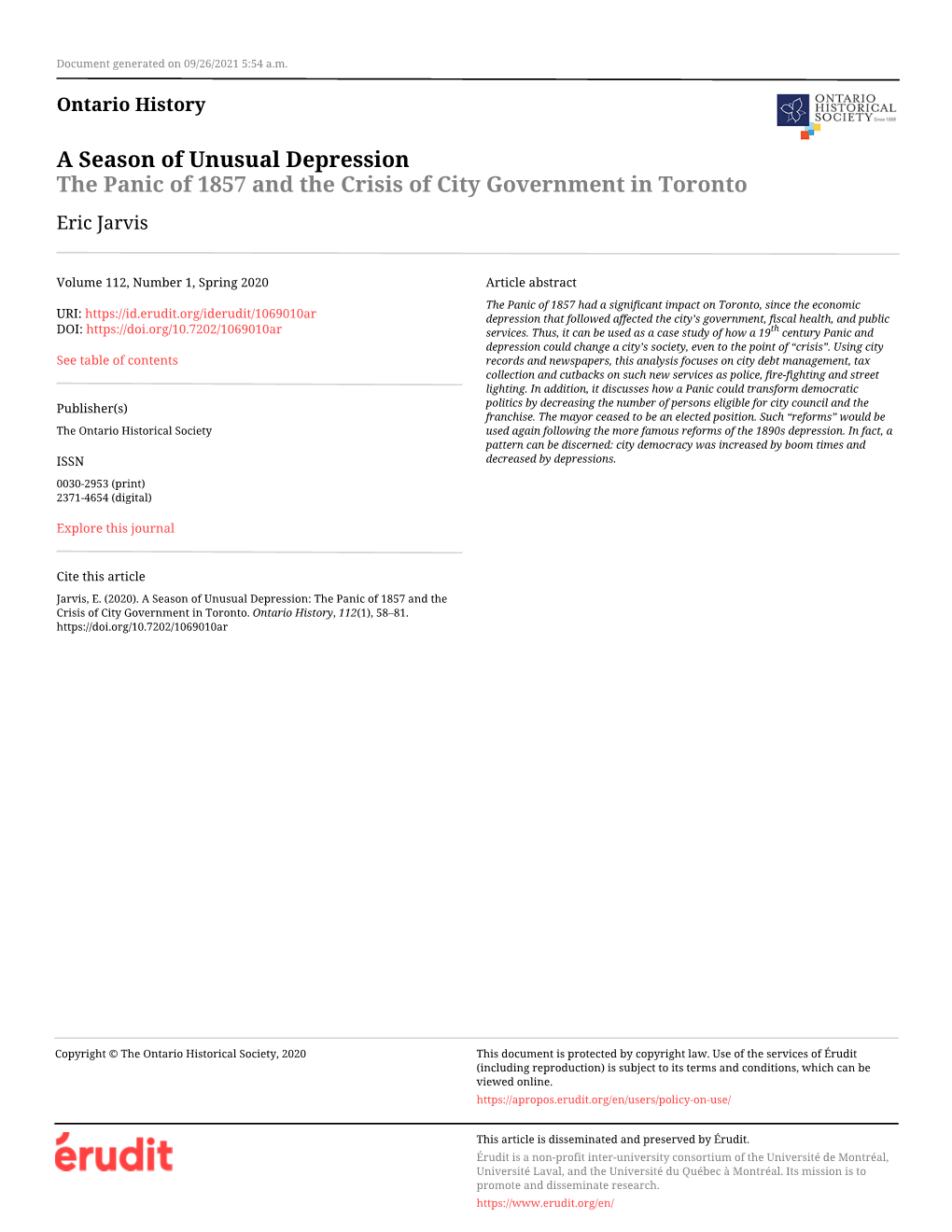 A Season of Unusual Depression: the Panic of 1857 and the Crisis of City Government in Toronto