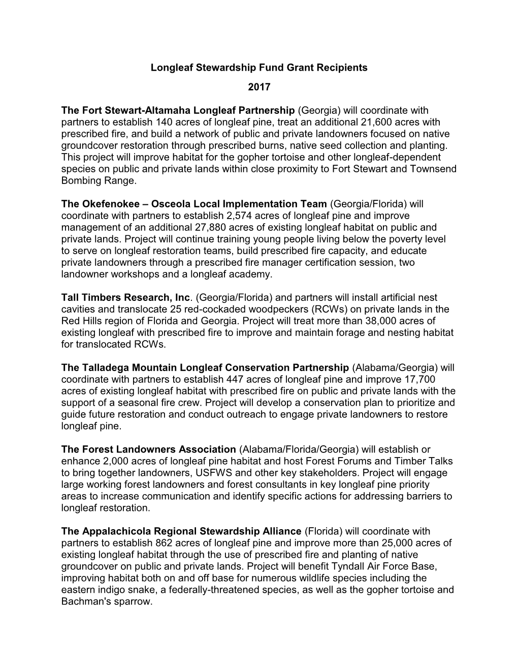 Longleaf Stewardship Fund Grant Recipients 2017 the Fort Stewart