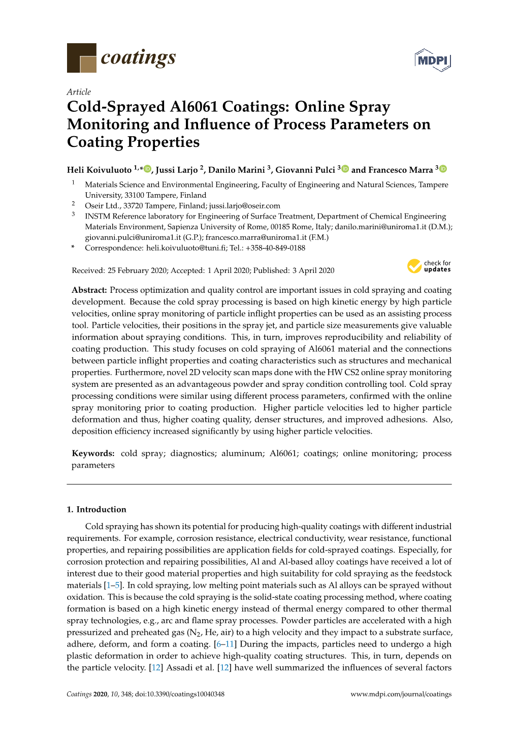 Cold-Sprayed Al6061 Coatings: Online Spray Monitoring and Inﬂuence of Process Parameters on Coating Properties