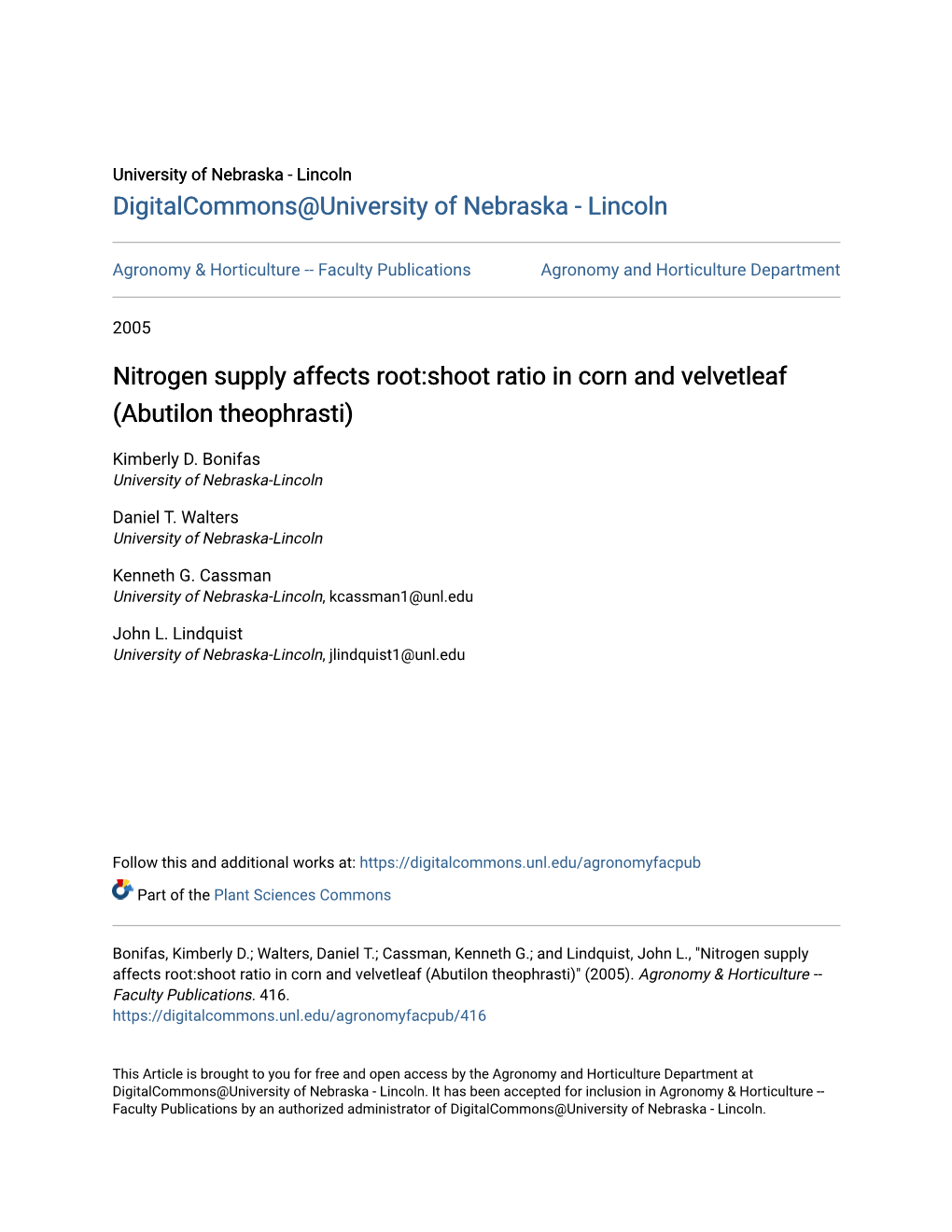 Nitrogen Supply Affects Root:Shoot Ratio in Corn and Velvetleaf (Abutilon Theophrasti)