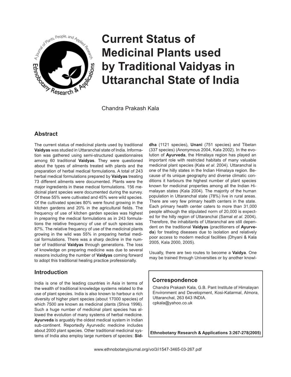 Current Status of Medicinal Plants Used by Traditional Vaidyas in Uttaranchal State of India