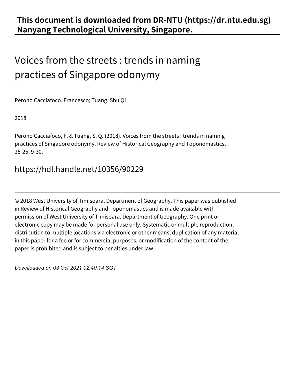 Voices from the Streets : Trends in Naming Practices of Singapore Odonymy