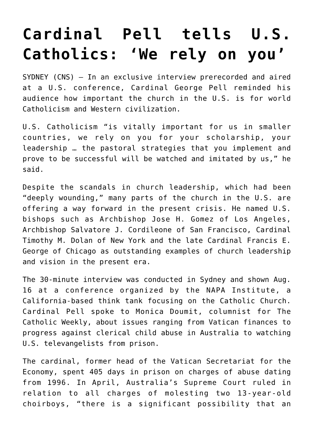 Cardinal Pell Tells US Catholics