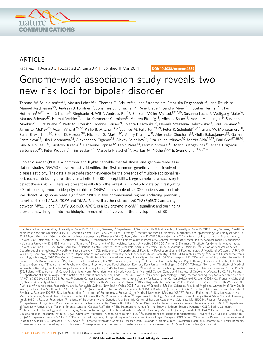 Genome-Wide Association Study Reveals Two New Risk Loci for Bipolar Disorder