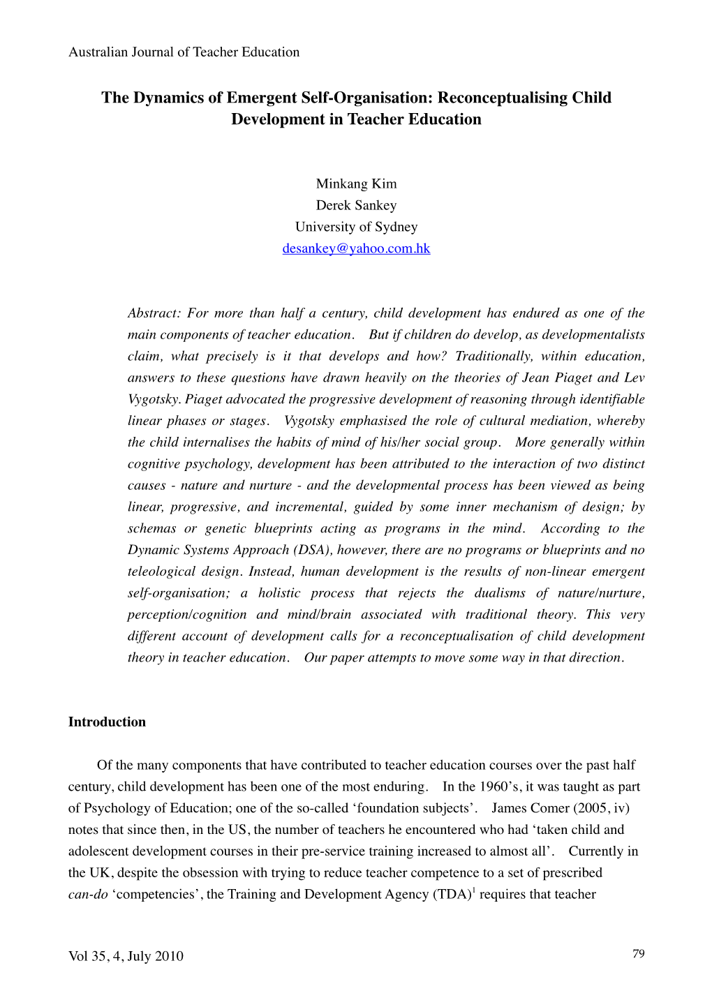 The Dynamics of Emergent Self-Organisation: Reconceptualising Child Development in Teacher Education