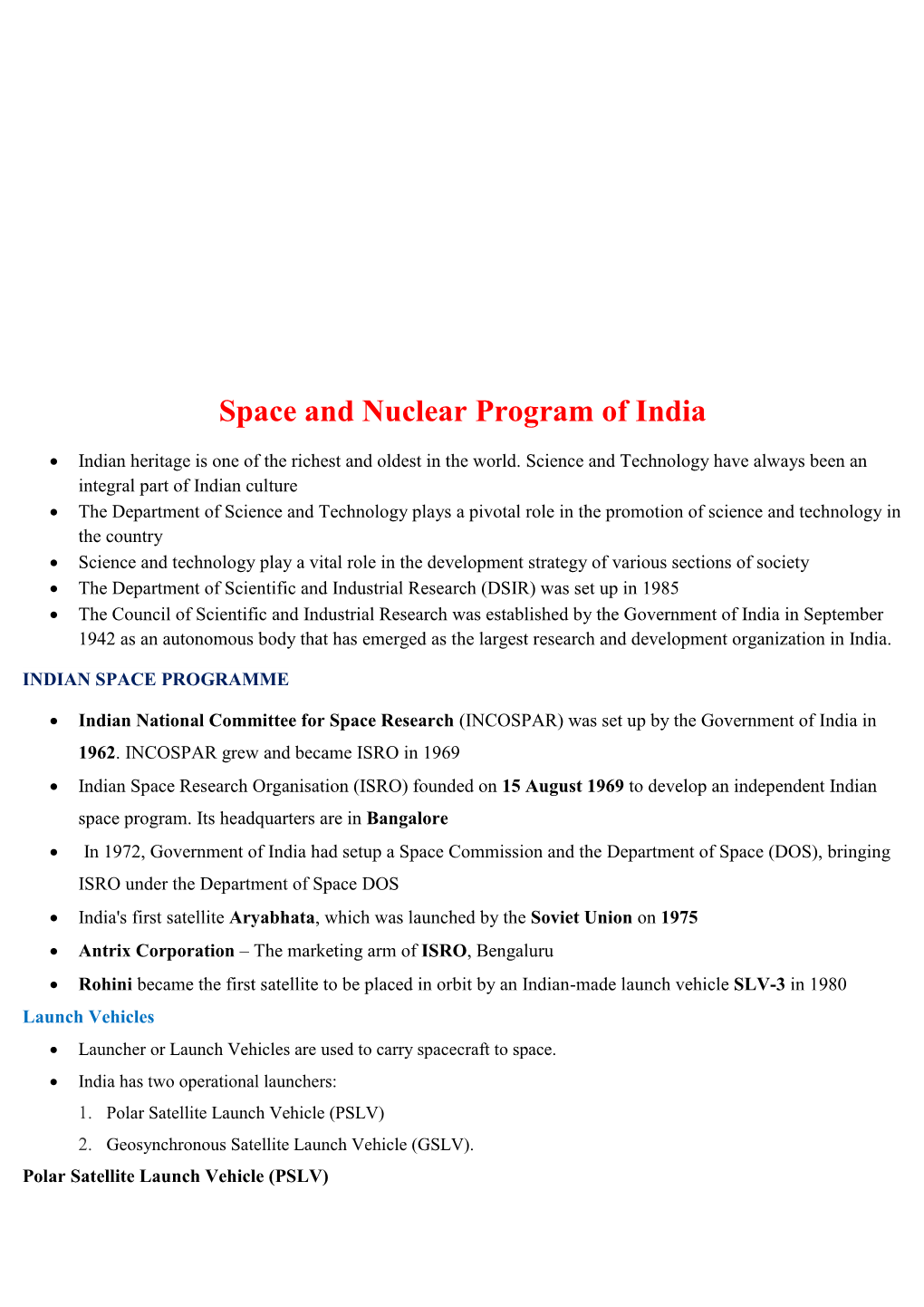 Space and Nuclear Program of India