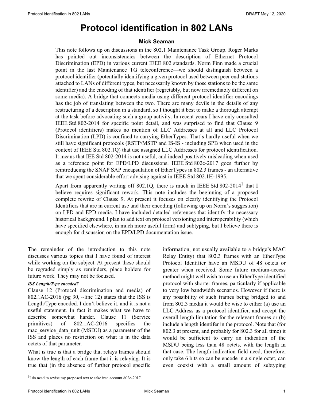 Protocol Identification in 802 Lans DRAFT May 12, 2020 Protocol Identification in 802 Lans