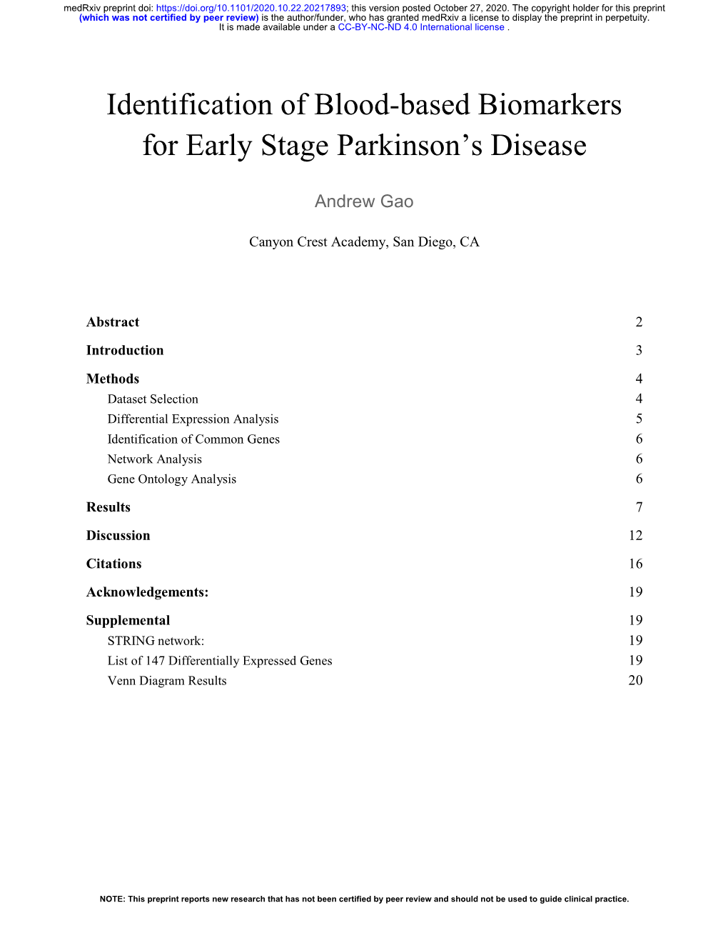Identification of Blood-Based Biomarkers for Early Stage Parkinson’S Disease