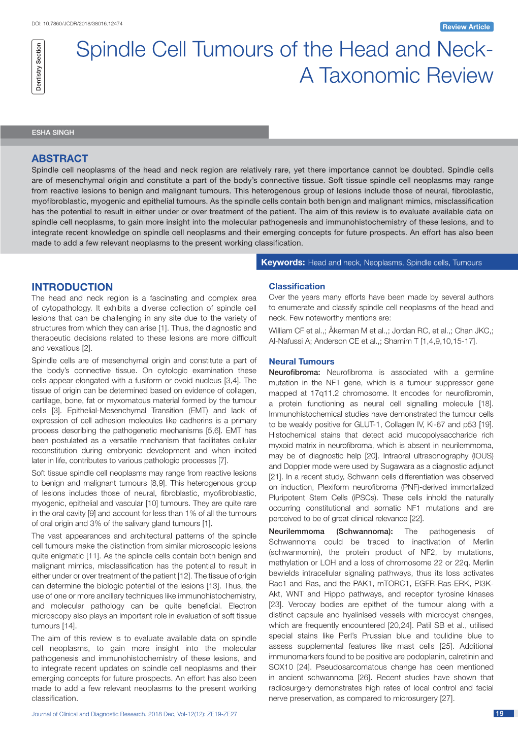 Spindle Cell Tumours of the Head and Neck- ­A Taxonomic Review Dentistry Section