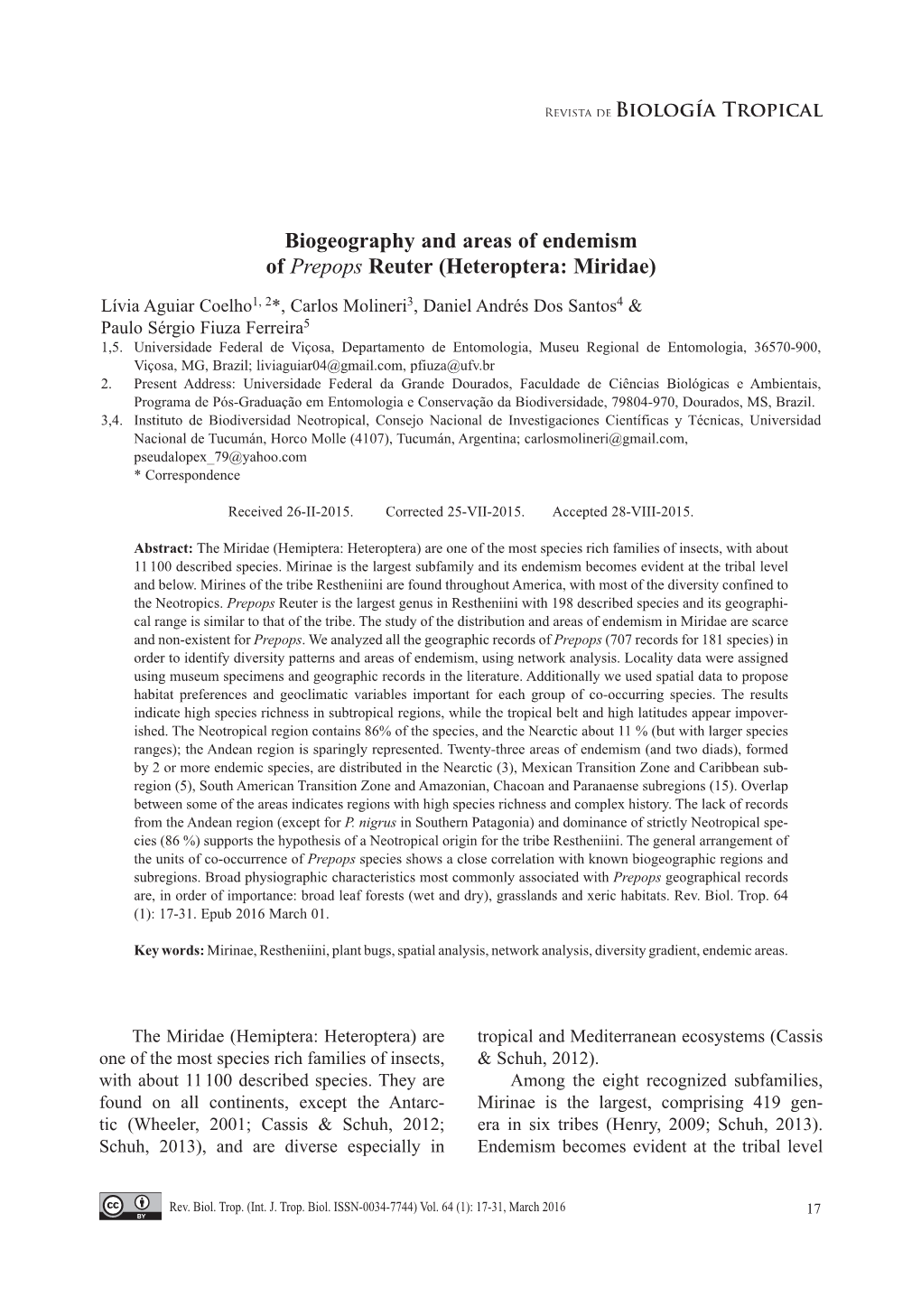 Biogeography and Areas of Endemism of Prepops Reuter (Heteroptera: Miridae)